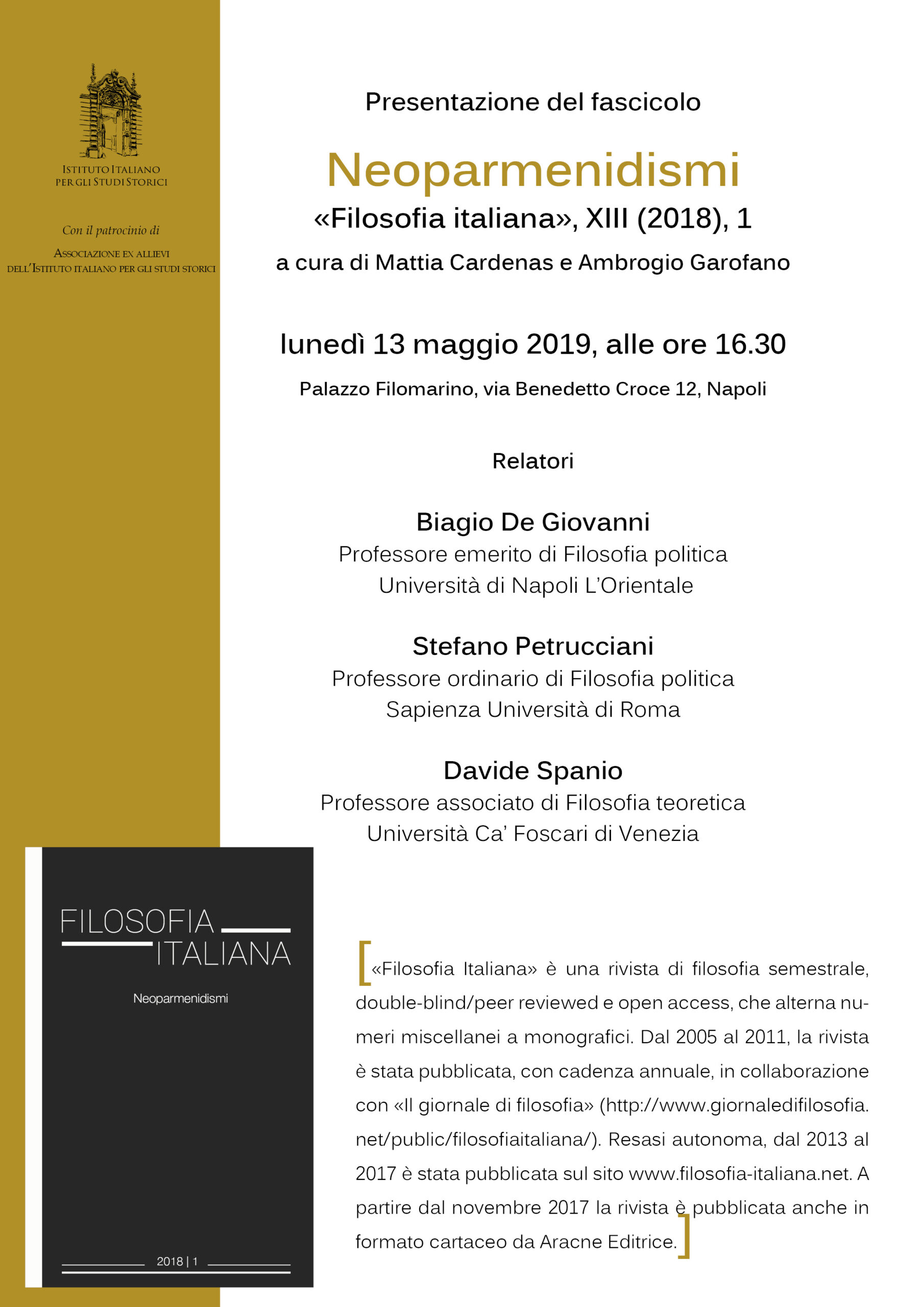 13 maggio 2019: De Giovanni, Petrucciani, Spanio presentano “Neoparmenidismi”, rivista Filosofia italiana xiii, 2018