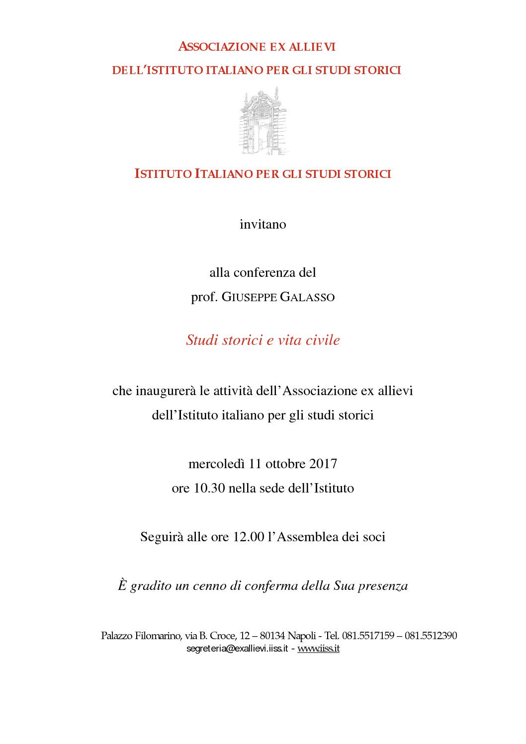 Conferenza Prof. Giuseppe Galasso – Mercoledì 11 ottobre 2017 ore 10.