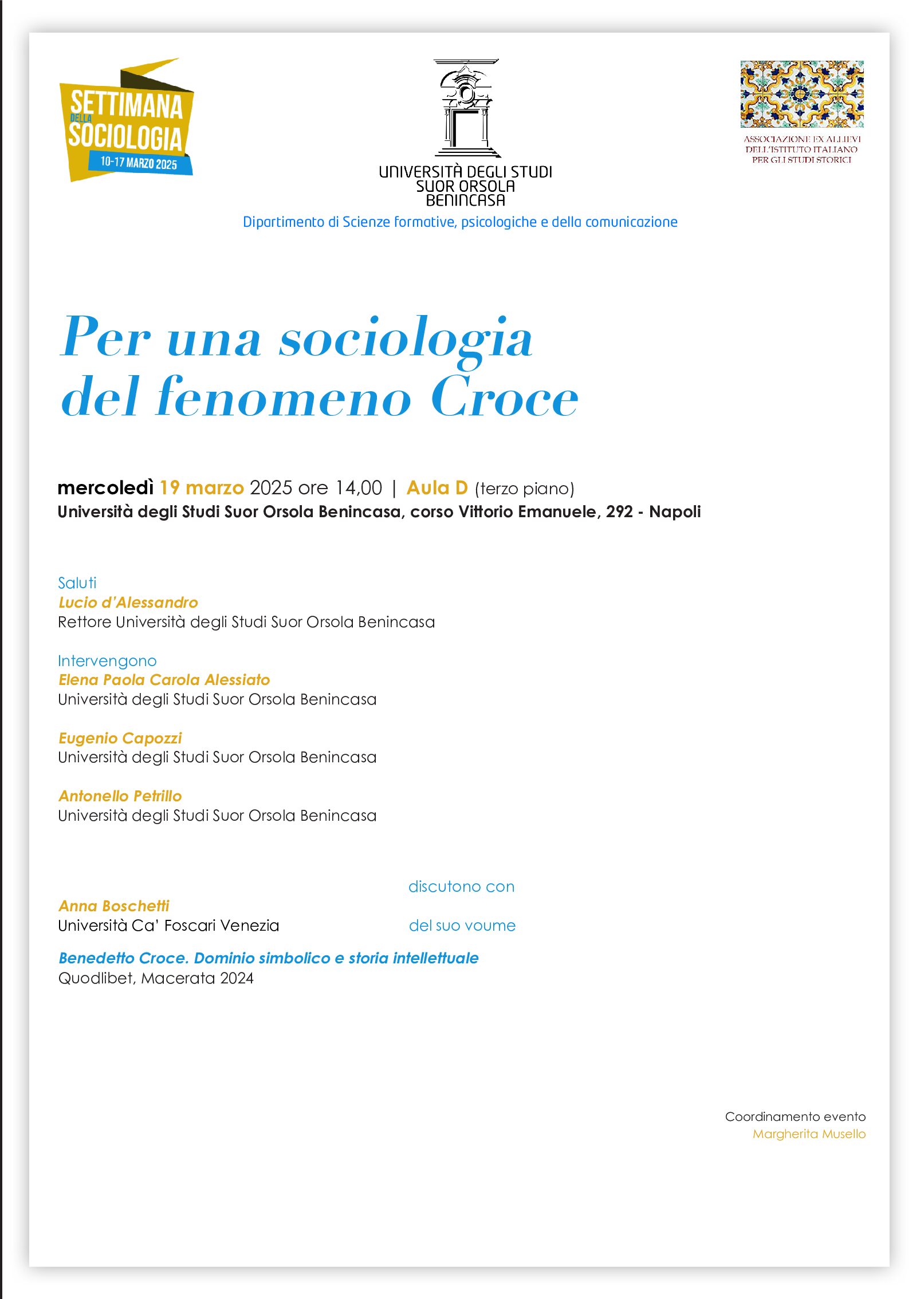 Per una sociologia del fenomeno Croce – mercoledì 19 marzo 2025, ore 14,00 – Università degli studi Suor Orsola Benincasa